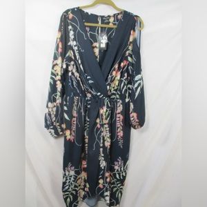 City Chic Navy Blue Floral Deep V Neck Long Sleeve Faux Wrap Dress